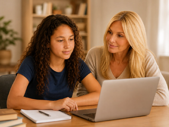 Adolescente estudiando con acompañamiento familiar