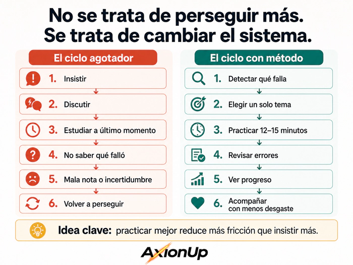 Infografía sobre cómo ayudar a un hijo con Matemáticas cambiando persecución por método