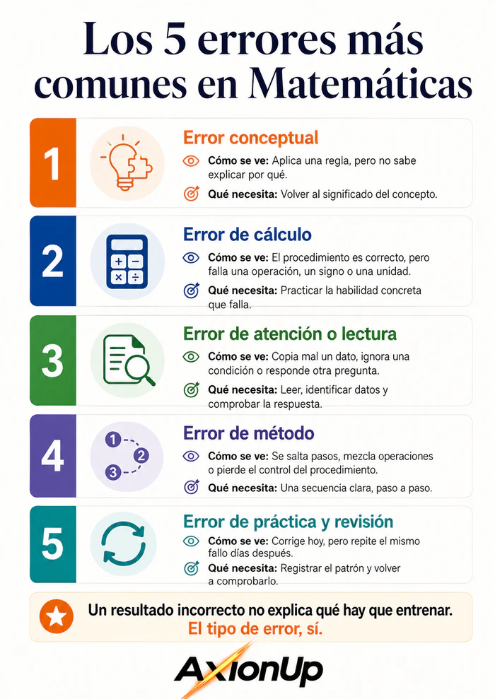 Infografía con cinco tipos de errores comunes en Matemáticas: conceptuales, cálculo, atención, método y práctica