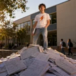 Adolescente de pie sobre una montaña de cuadernos y ejercicios de Matemáticas, frente a un colegio, con expresión de confianza y superación.