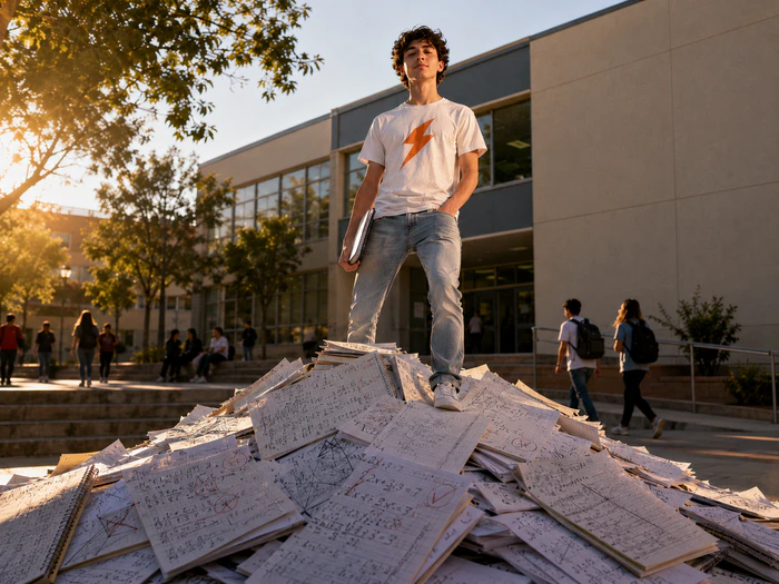 Adolescente de pie sobre una montaña de cuadernos y ejercicios de Matemáticas, frente a un colegio, con expresión de confianza y superación.