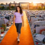 Adolescente sonriente avanza por un camino naranja entre tareas y cuadernos desordenados hacia un colegio luminoso.